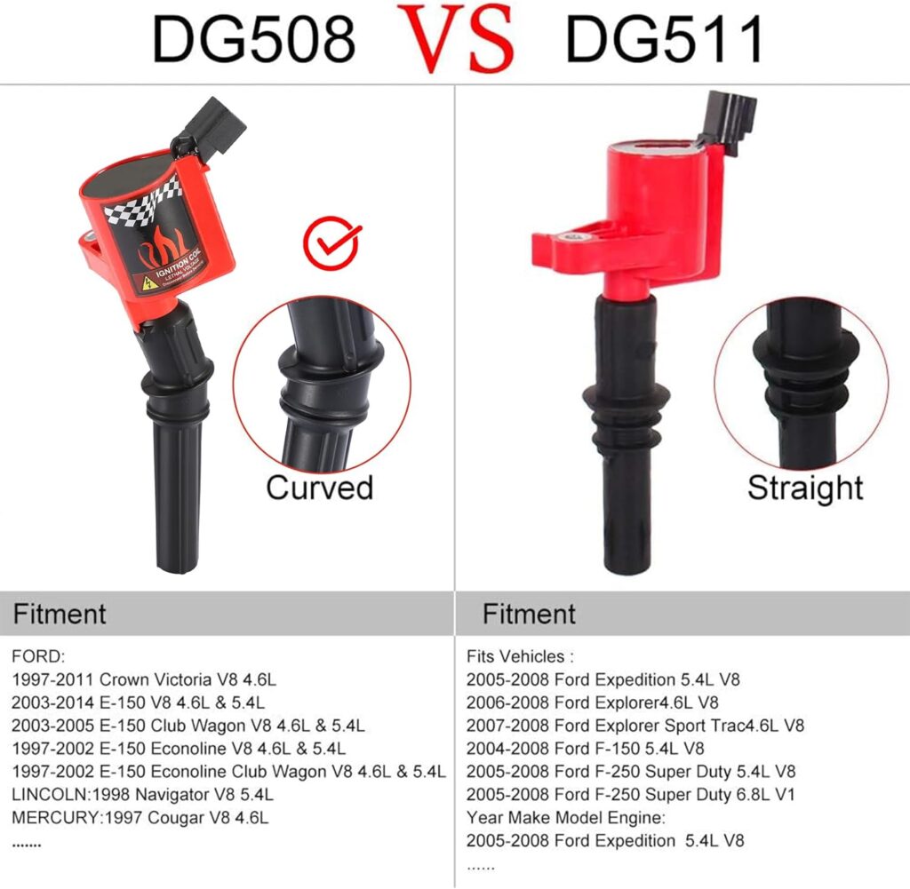 DG508 Ignition Coil Pack High Engine 8 PCS Ignition Coil Curved Boot for Ford E150 E250 E550 F150 F250 F550 4.6L 5.4L 6.8L V8 V10 Lincoln Mercury Compatible Part#DG508 DG457 DG472 DG491 F523