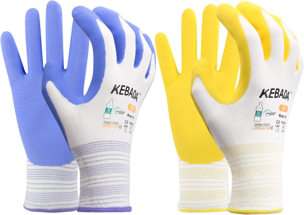 Kebada Gardening Gloves for Women, 2 Pairs Latex Coated Yard Gloves, Micro-Foam Textured Coating on Palm  Fingers, Breathable Womens Work Gloves, High Visibility, Medium, Lilac  Yellow