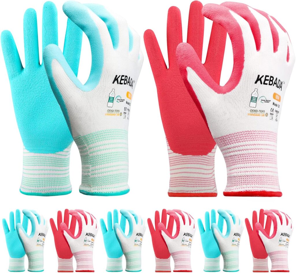 Kebada Gardening Gloves for Women, 2 Pairs Latex Coated Yard Gloves, Micro-Foam Textured Coating on Palm  Fingers, Breathable Womens Work Gloves, High Visibility, Medium, Lilac  Yellow
