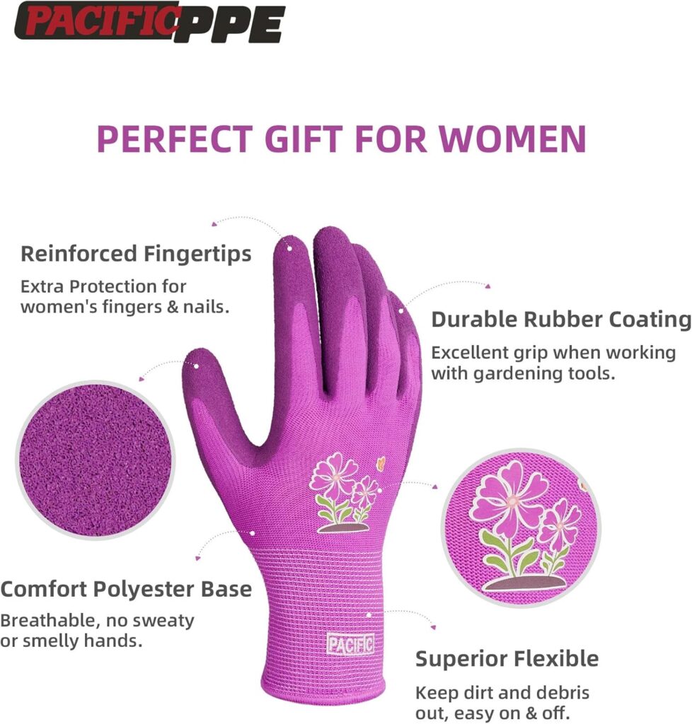 PACIFIC PPE 6 Pairs Gardening Gloves for women and Ladies, Rubber Coated Garden Gloves, Outdoor Protective Work Gloves, Medium Size fits Most, Purple  Red