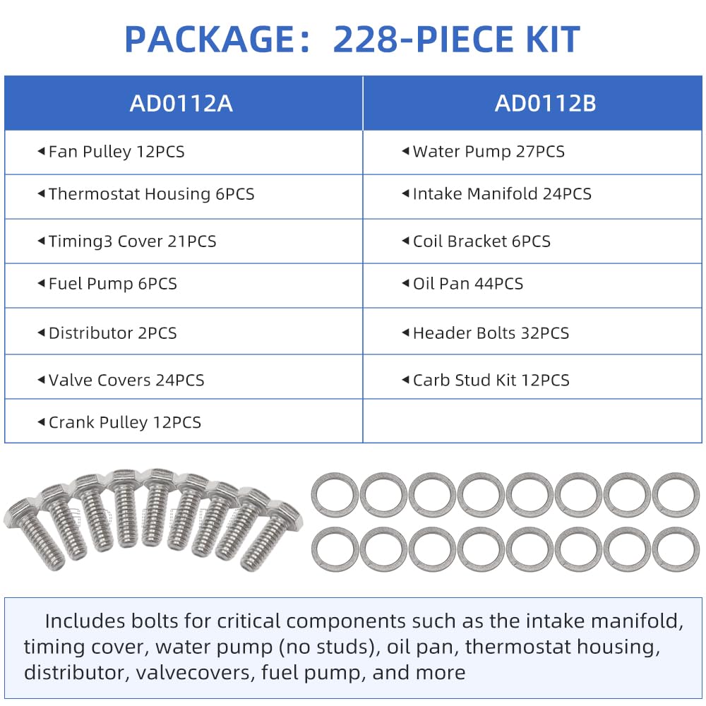 304 Stainless Steel 228 PCS Engine Hex Bolt Kit Fits Passenger Side Pump Inlet Type Only fit for Ford Small Block SBF 260 289 302