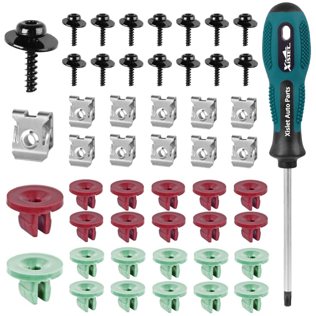 Xislet 50pcs T30 Engine Splash Shield Screws Bolts for Undertray Engine Fender Liner Air Deflector Compatible with Ford and Lincoln Volvo Vehicles Included Nut Clip Kit and T30 Screwdriver