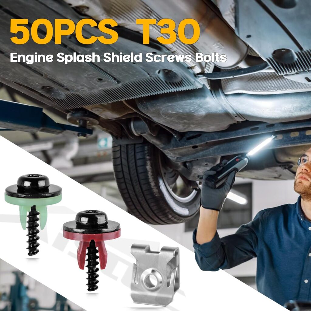 Xislet 50pcs T30 Engine Splash Shield Screws Bolts for Undertray Engine Fender Liner Air Deflector Compatible with Ford and Lincoln Volvo Vehicles Included Nut Clip Kit and T30 Screwdriver